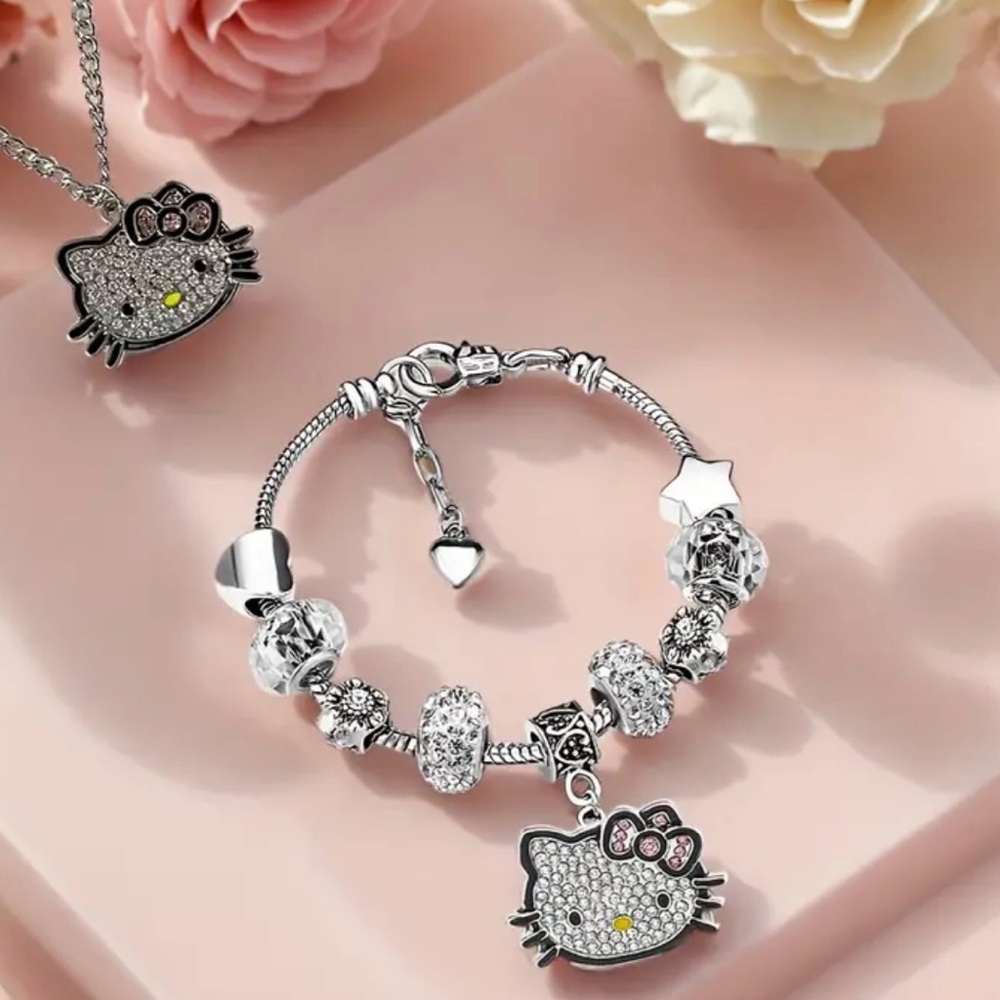 Hello Kitty Crystal Charm Bracelet & Necklace Set - Silver Tone